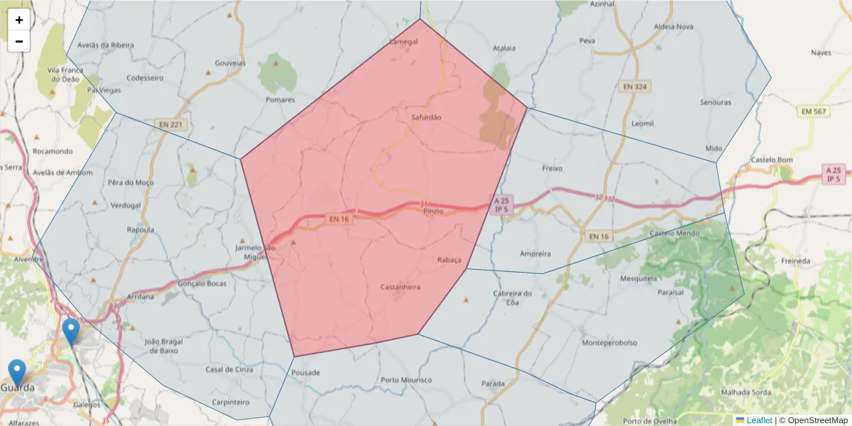 Mapa detalhado do código postal 6400-069 com limites, códigos postais vizinhos e agências dos correios