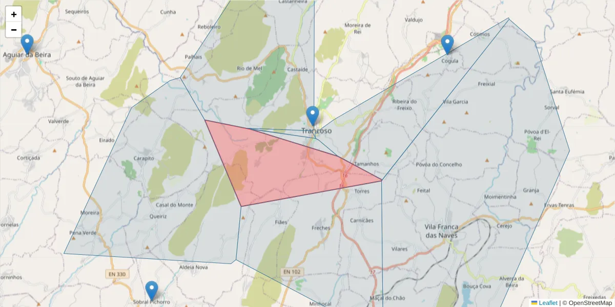 Mapa detalhado do código postal 6420-150 com limites, códigos postais vizinhos e agências dos correios