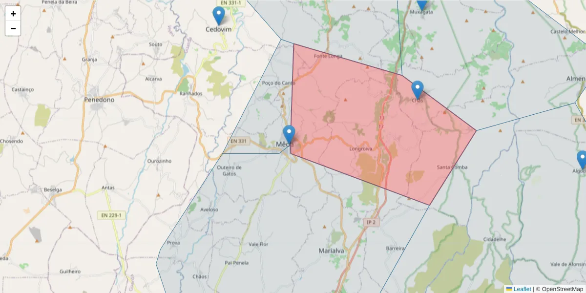Mapa detalhado do código postal 6430-202 com limites, códigos postais vizinhos e agências dos correios