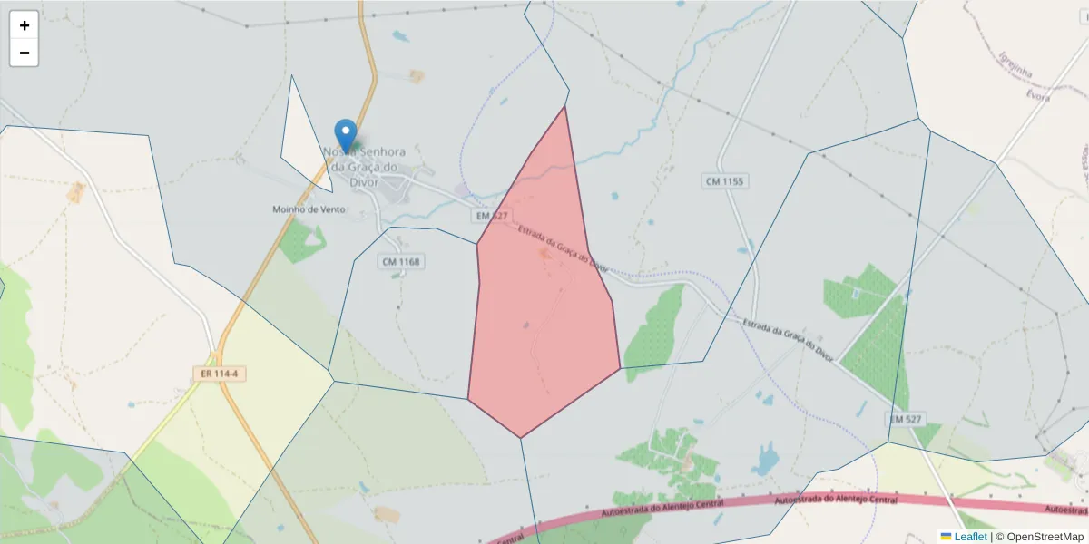 Mapa detalhado do código postal 7000-014 com limites, códigos postais vizinhos e agências dos correios