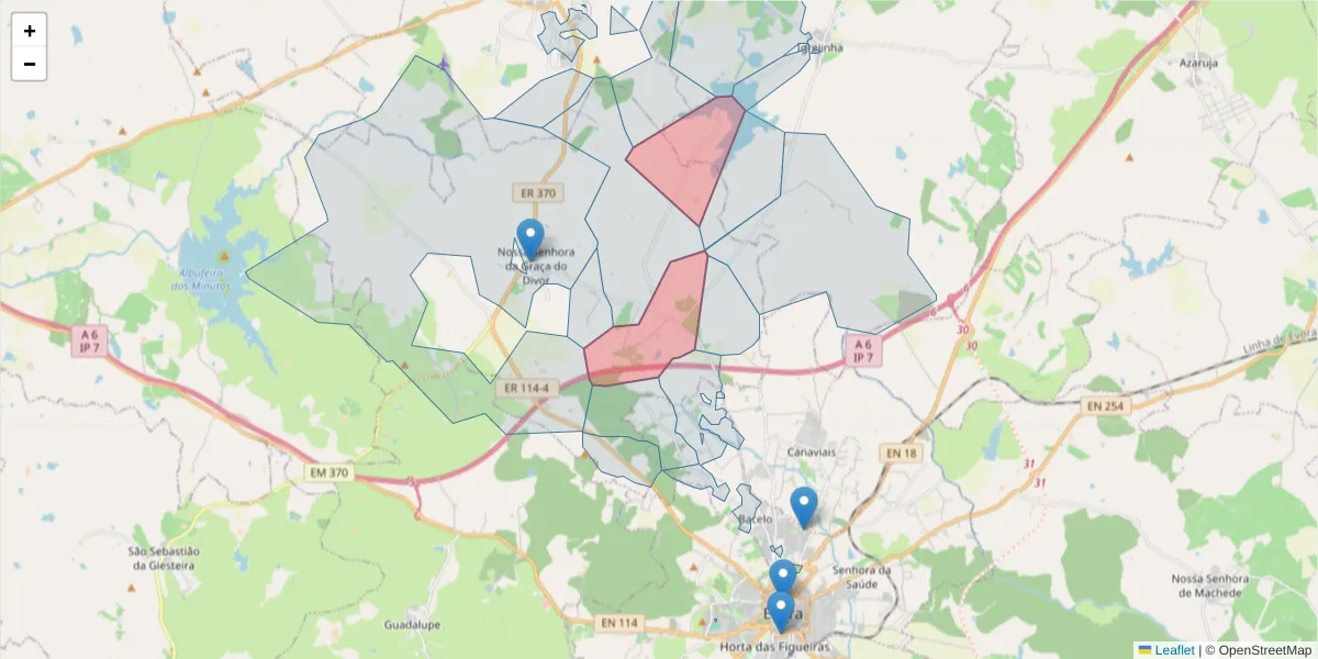 Mapa detalhado do código postal 7000-016 com limites, códigos postais vizinhos e agências dos correios