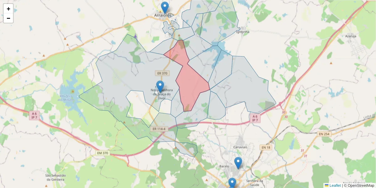 Mapa detalhado do código postal 7000-017 com limites, códigos postais vizinhos e agências dos correios
