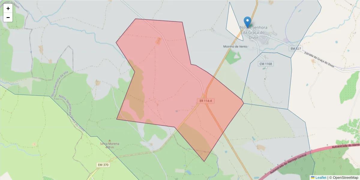 Mapa detalhado do código postal 7000-018 com limites, códigos postais vizinhos e agências dos correios