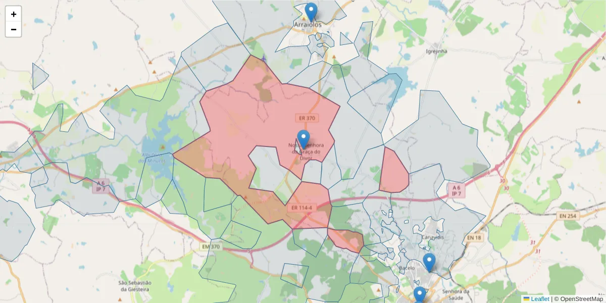 Mapa detalhado do código postal 7000-019 com limites, códigos postais vizinhos e agências dos correios