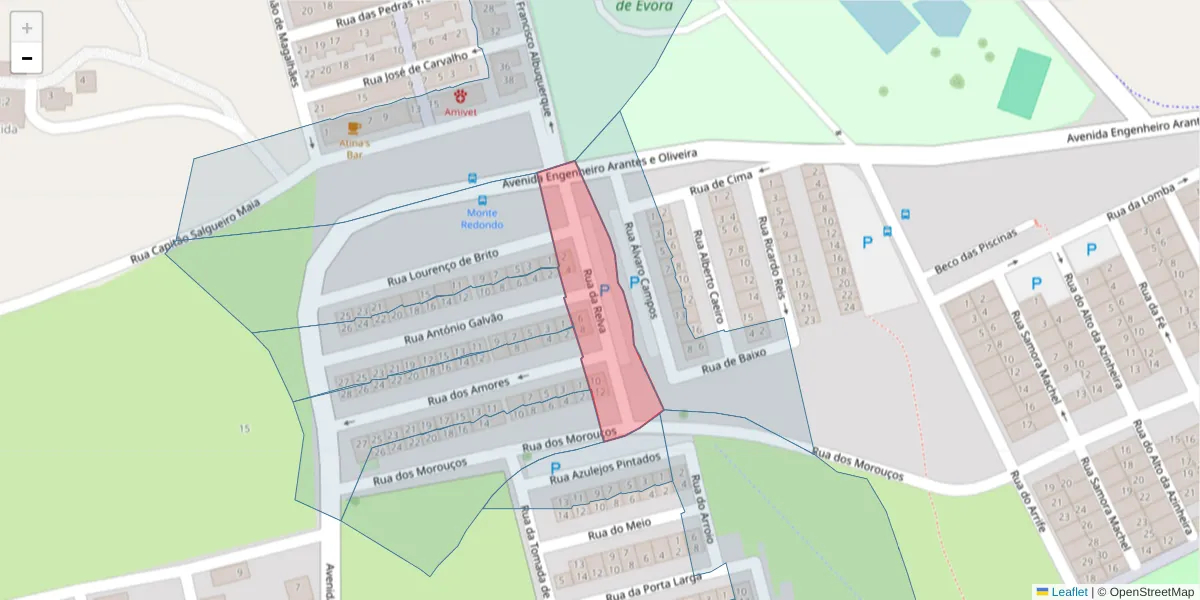 Mapa detalhado do código postal 7000-071 com limites, códigos postais vizinhos e agências dos correios