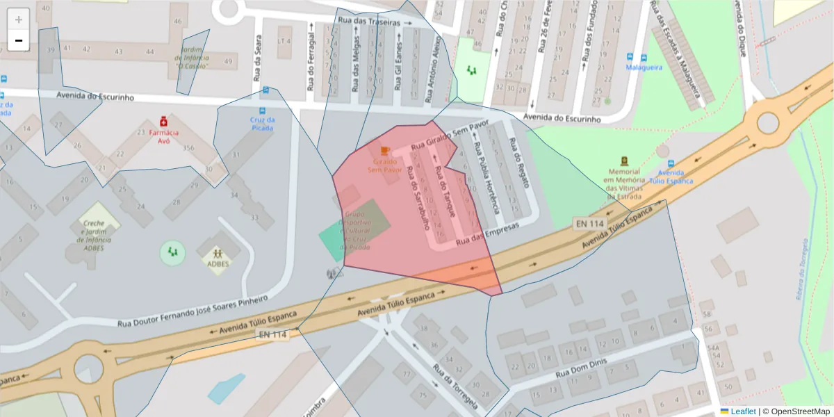 Mapa detalhado do código postal 7000-072 com limites, códigos postais vizinhos e agências dos correios