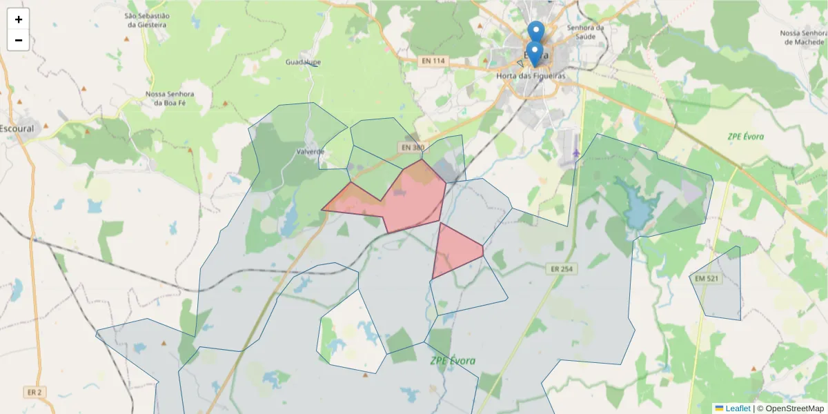 Mapa detalhado do código postal 7000-082 com limites, códigos postais vizinhos e agências dos correios