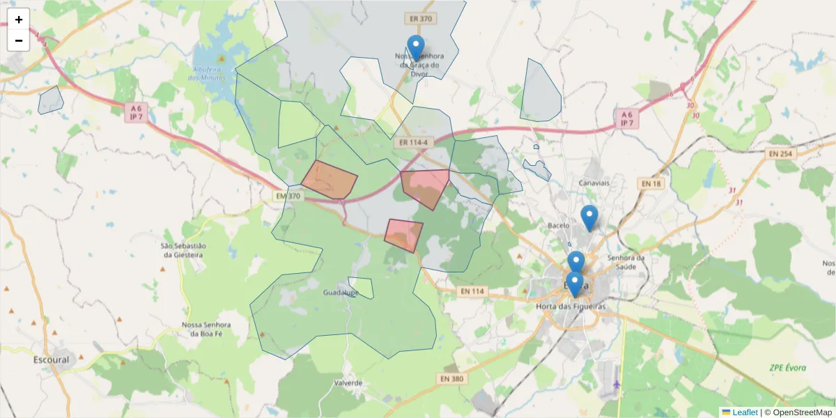 Mapa detalhado do código postal 7000-083 com limites, códigos postais vizinhos e agências dos correios