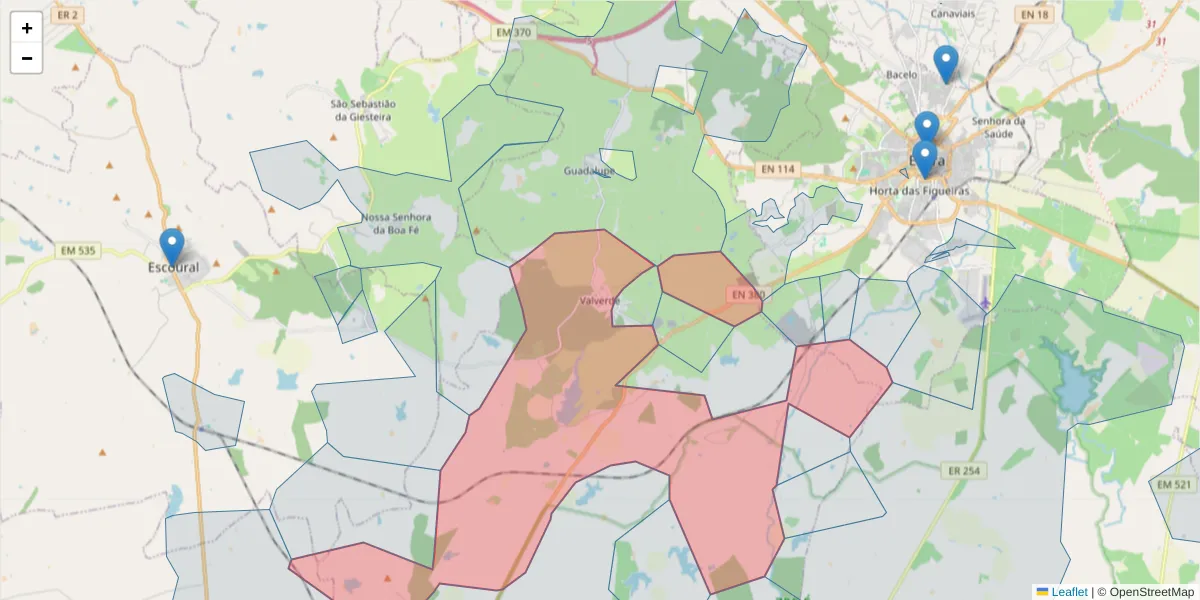 Mapa detalhado do código postal 7000-093 com limites, códigos postais vizinhos e agências dos correios