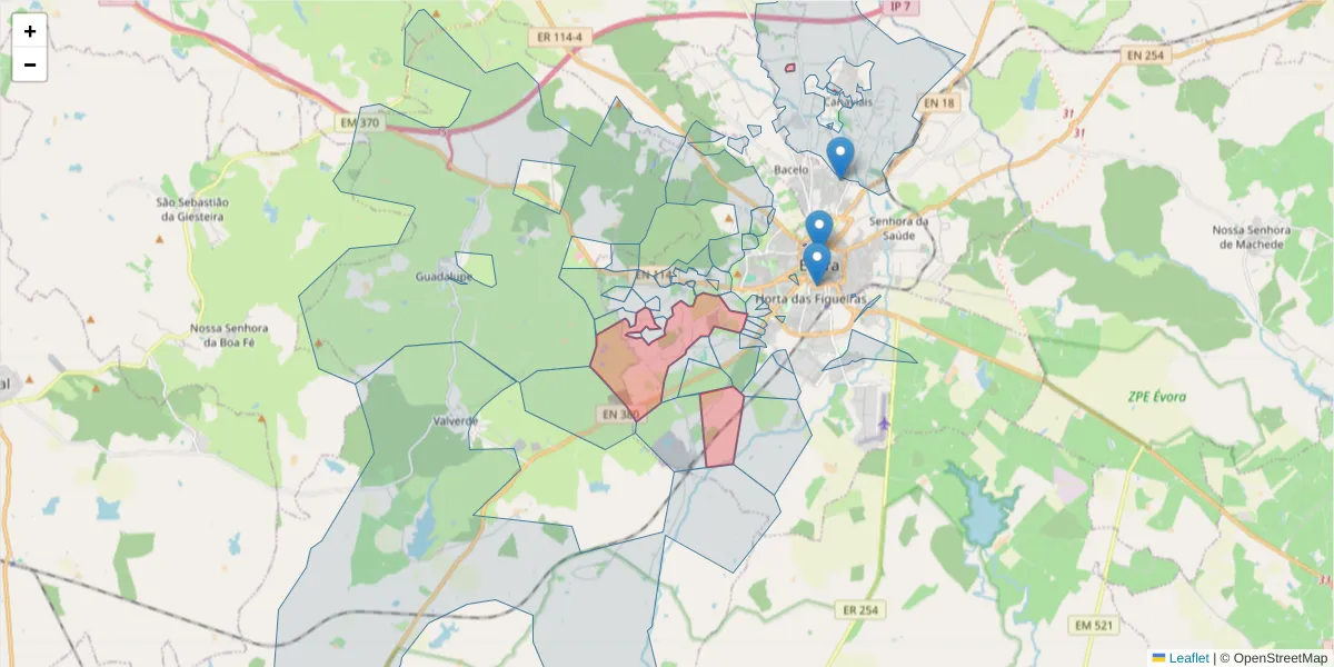 Mapa detalhado do código postal 7000-171 com limites, códigos postais vizinhos e agências dos correios