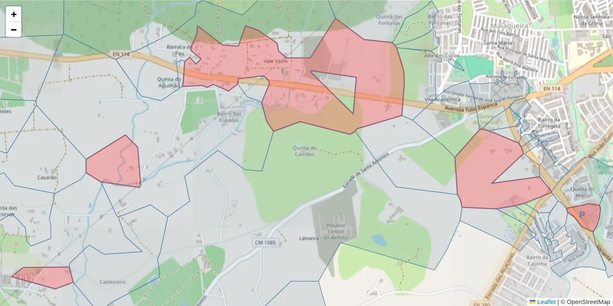 Mapa detalhado do código postal 7000-172 com limites, códigos postais vizinhos e agências dos correios