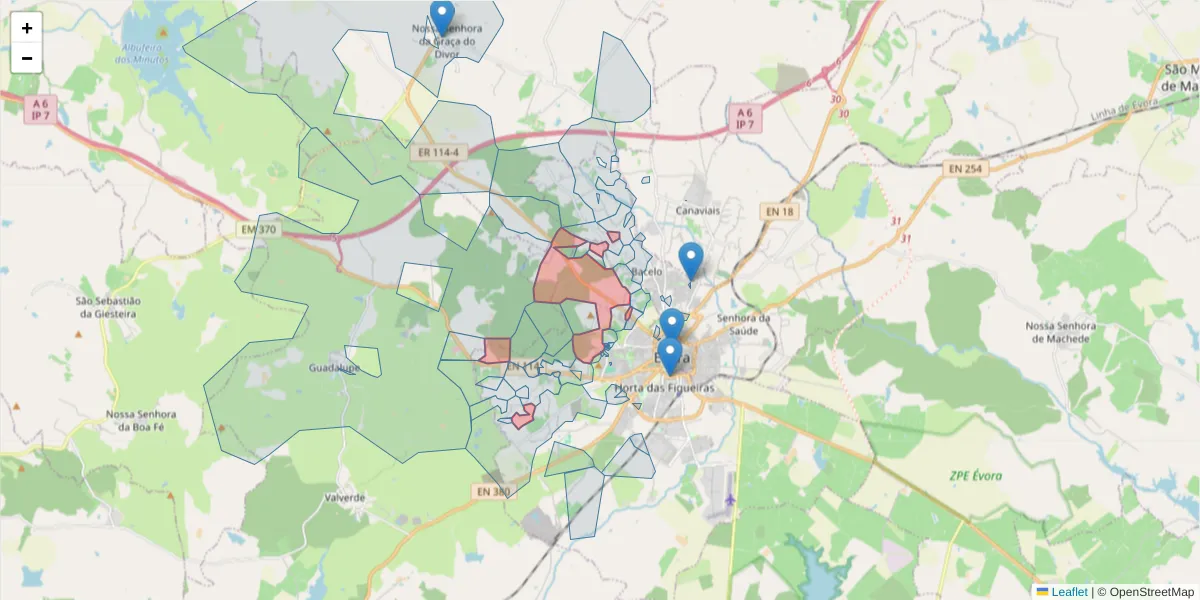Mapa detalhado do código postal 7000-173 com limites, códigos postais vizinhos e agências dos correios