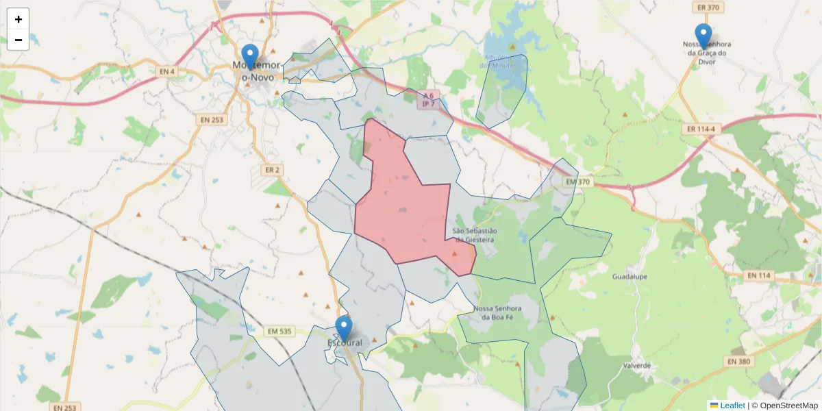 Mapa detalhado do código postal 7000-201 com limites, códigos postais vizinhos e agências dos correios