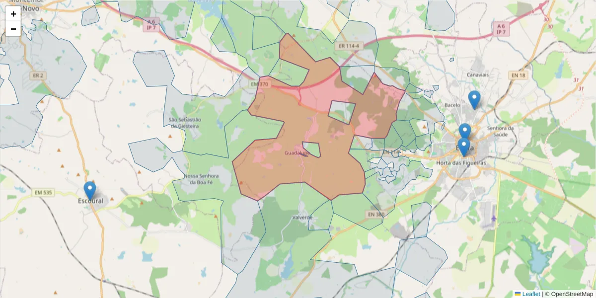 Mapa detalhado do código postal 7000-222 com limites, códigos postais vizinhos e agências dos correios