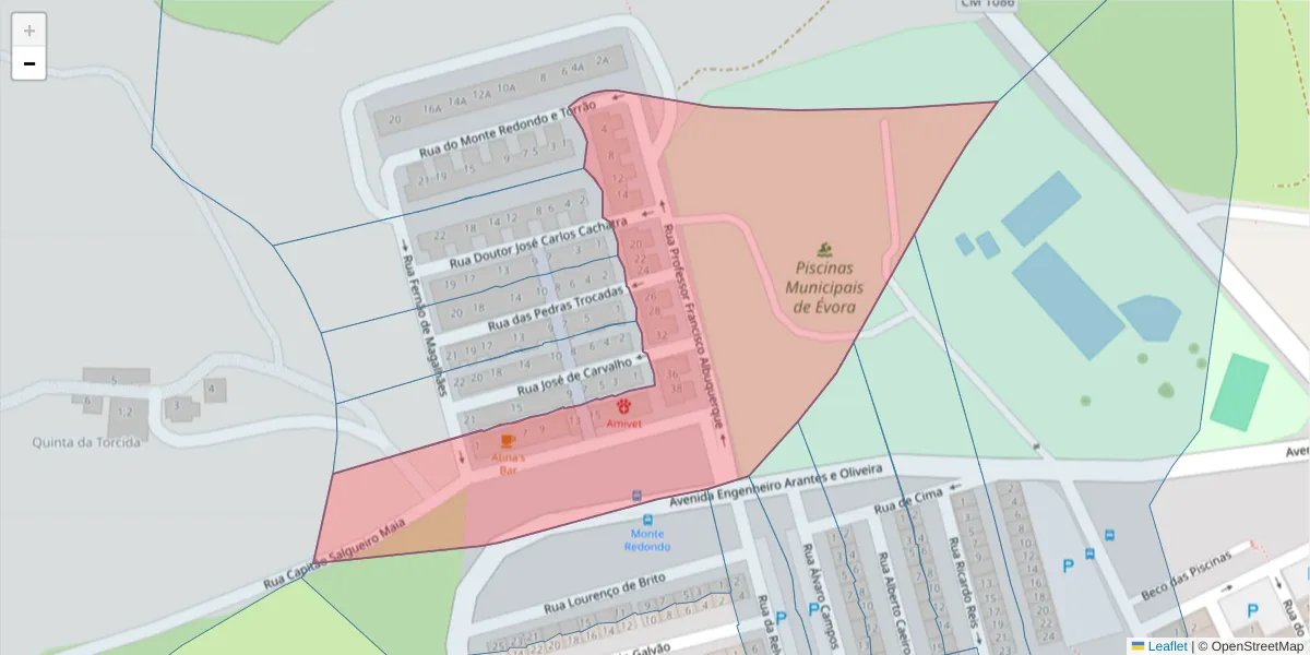 Mapa detalhado do código postal 7000-253 com limites, códigos postais vizinhos e agências dos correios