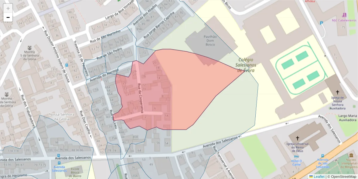 Mapa detalhado do código postal 7000-293 com limites, códigos postais vizinhos e agências dos correios