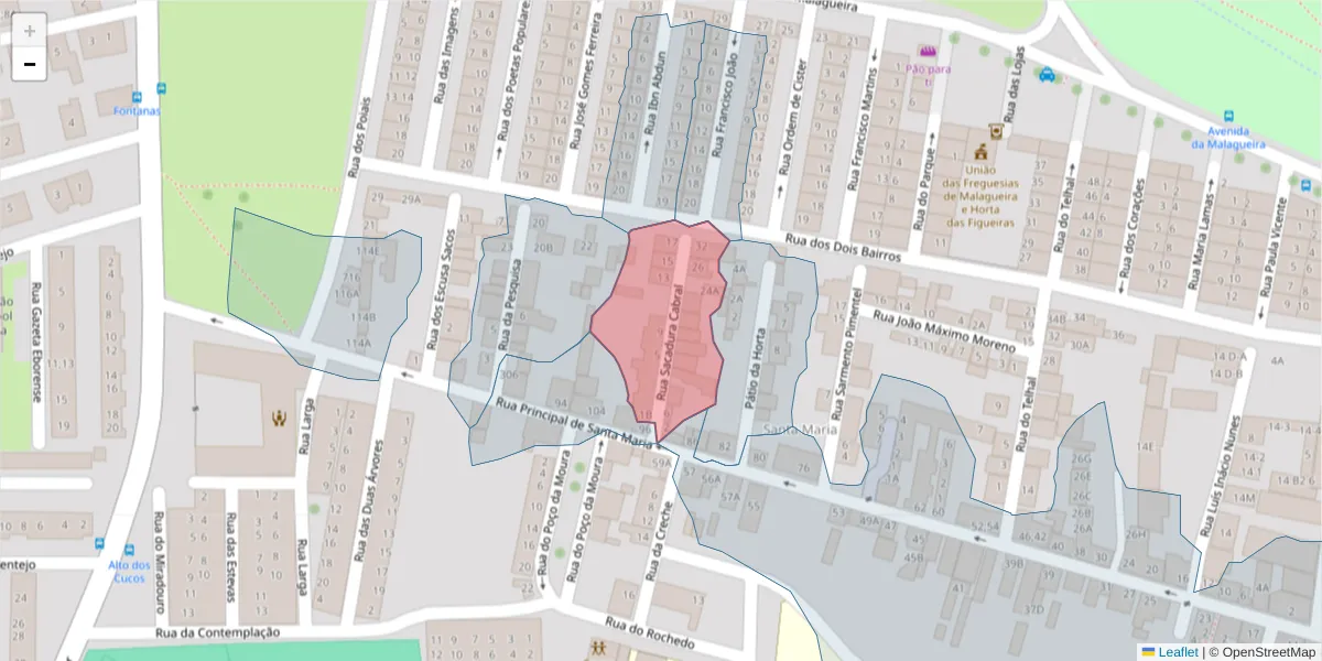 Mapa detalhado do código postal 7000-303 com limites, códigos postais vizinhos e agências dos correios