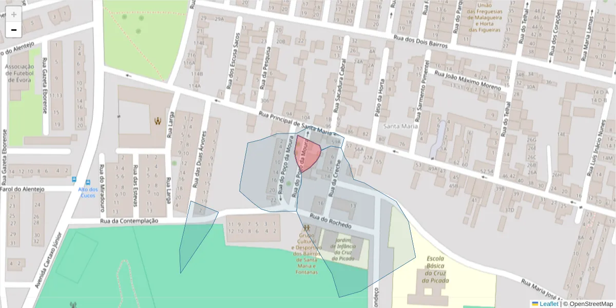 Mapa detalhado do código postal 7000-304 com limites, códigos postais vizinhos e agências dos correios