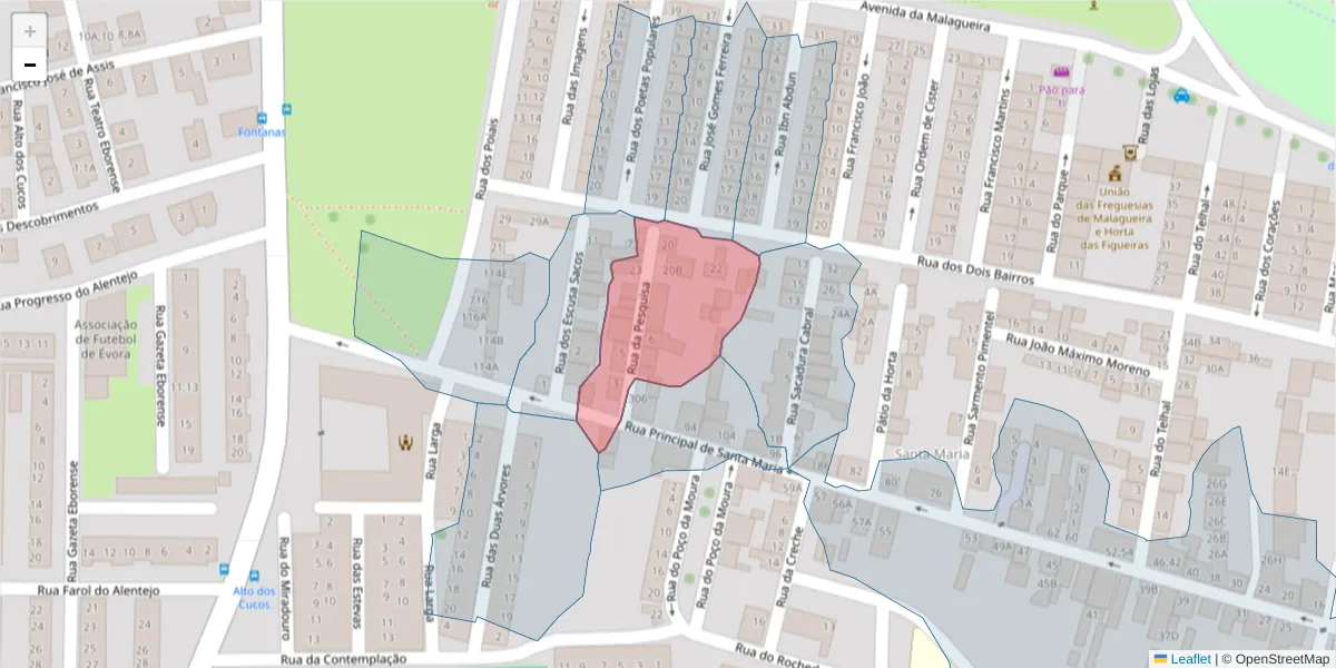 Mapa detalhado do código postal 7000-305 com limites, códigos postais vizinhos e agências dos correios