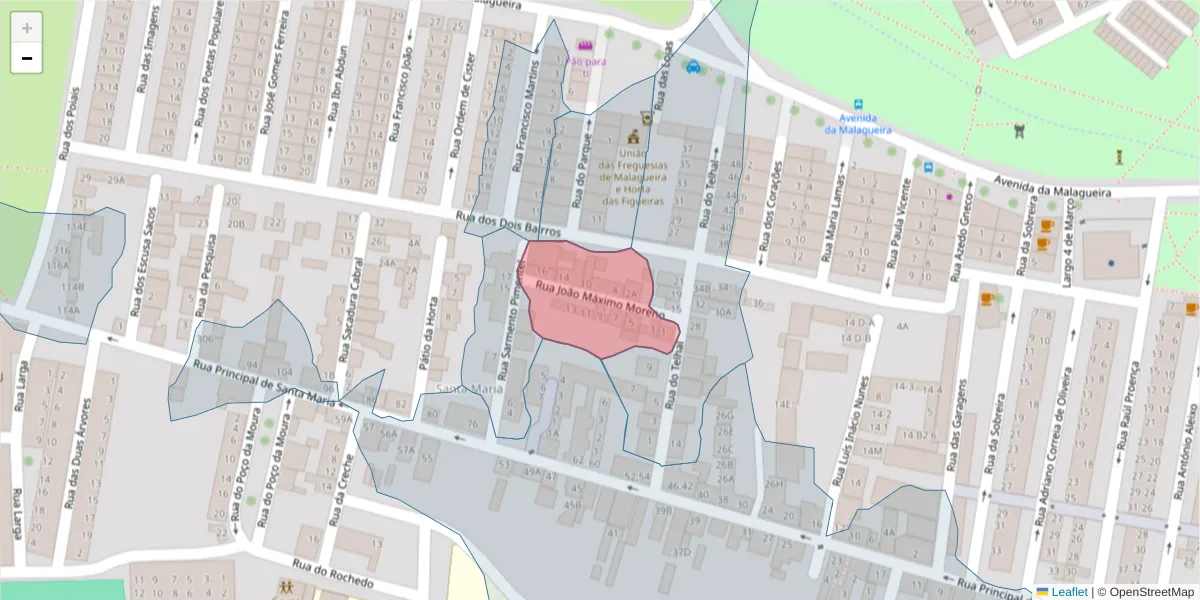 Mapa detalhado do código postal 7000-307 com limites, códigos postais vizinhos e agências dos correios