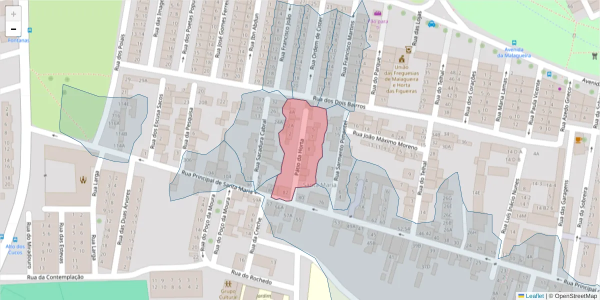 Mapa detalhado do código postal 7000-308 com limites, códigos postais vizinhos e agências dos correios