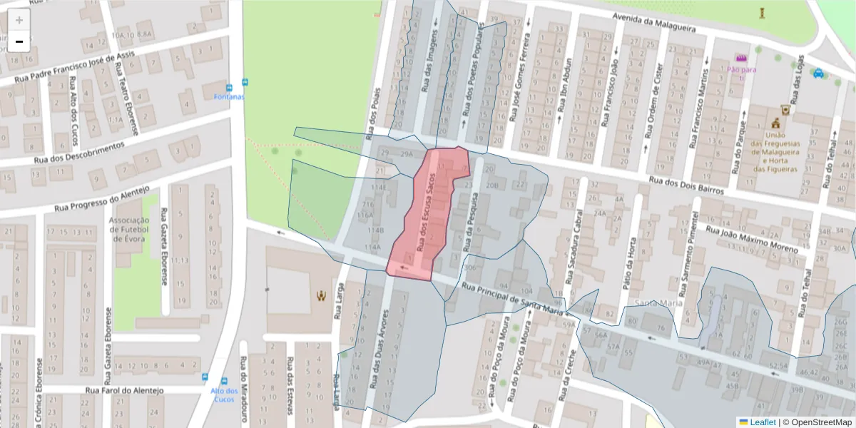 Mapa detalhado do código postal 7000-309 com limites, códigos postais vizinhos e agências dos correios
