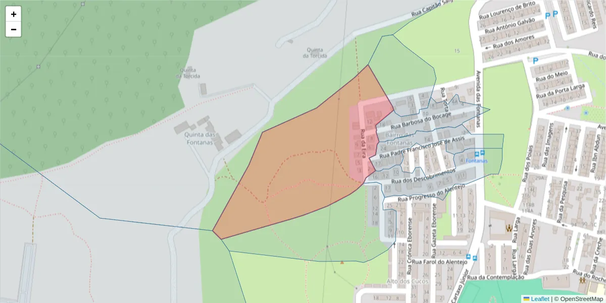 Mapa detalhado do código postal 7000-335 com limites, códigos postais vizinhos e agências dos correios