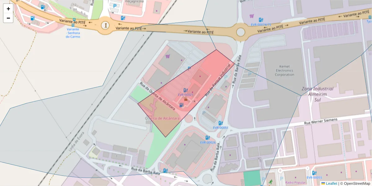 Mapa detalhado do código postal 7000-345 com limites, códigos postais vizinhos e agências dos correios