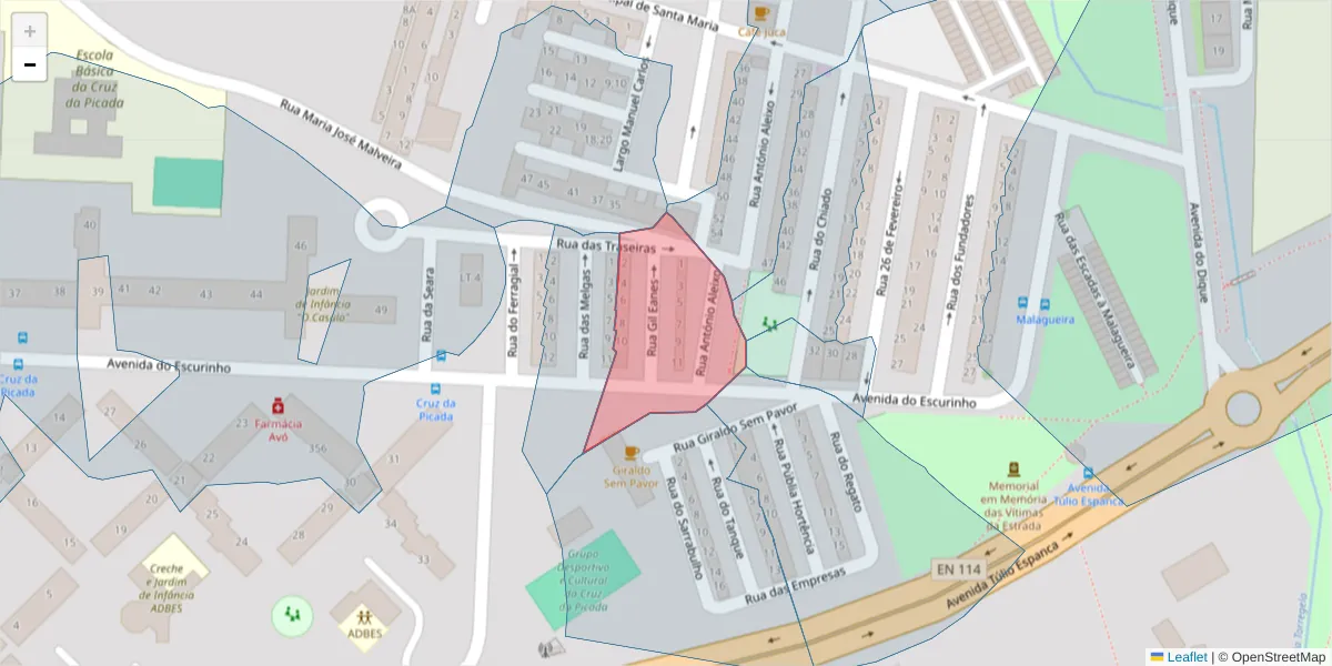 Mapa detalhado do código postal 7000-365 com limites, códigos postais vizinhos e agências dos correios