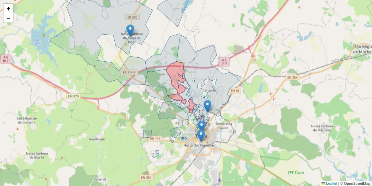 Mapa detalhado do código postal 7000-367 com limites, códigos postais vizinhos e agências dos correios