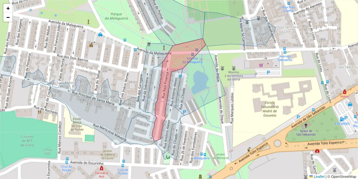 Mapa detalhado do código postal 7000-369 com limites, códigos postais vizinhos e agências dos correios