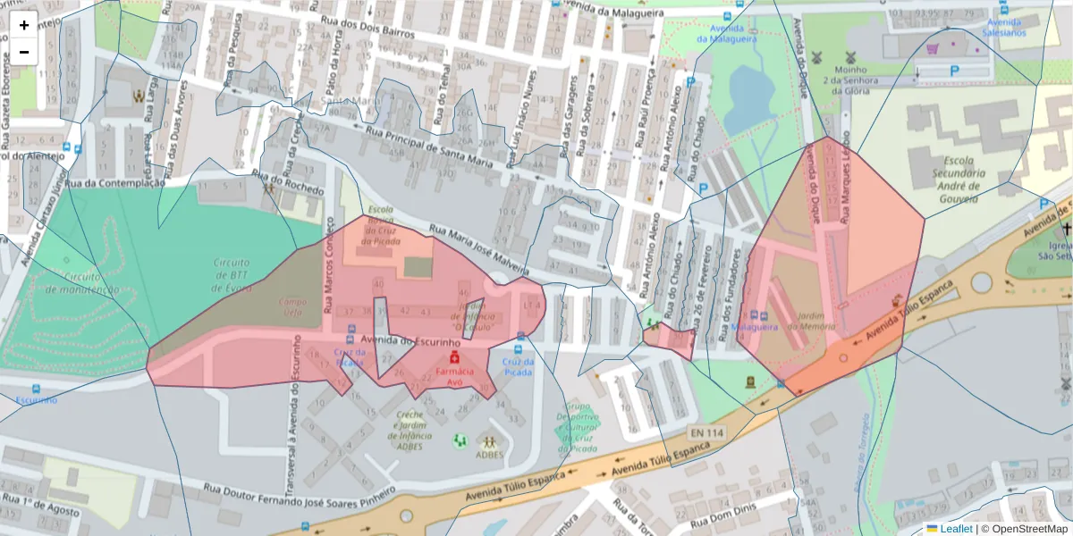 Mapa detalhado do código postal 7000-372 com limites, códigos postais vizinhos e agências dos correios