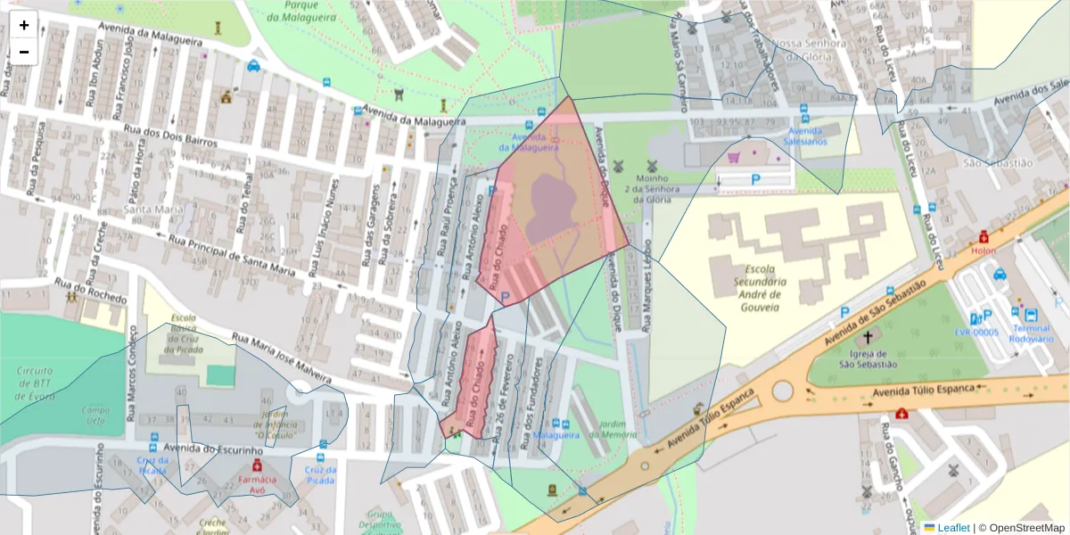 Mapa detalhado do código postal 7000-375 com limites, códigos postais vizinhos e agências dos correios