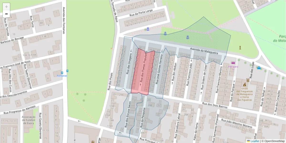 Mapa detalhado do código postal 7000-381 com limites, códigos postais vizinhos e agências dos correios