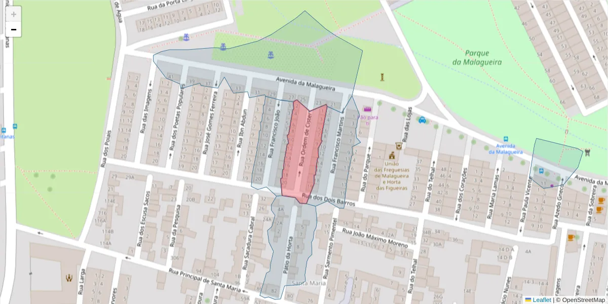 Mapa detalhado do código postal 7000-383 com limites, códigos postais vizinhos e agências dos correios