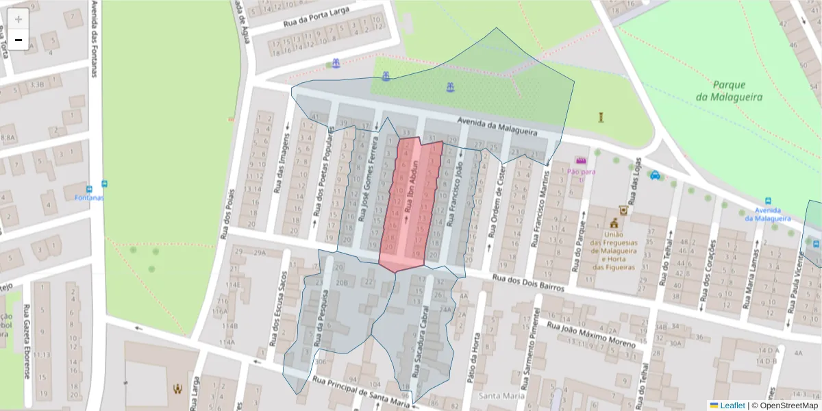 Mapa detalhado do código postal 7000-388 com limites, códigos postais vizinhos e agências dos correios