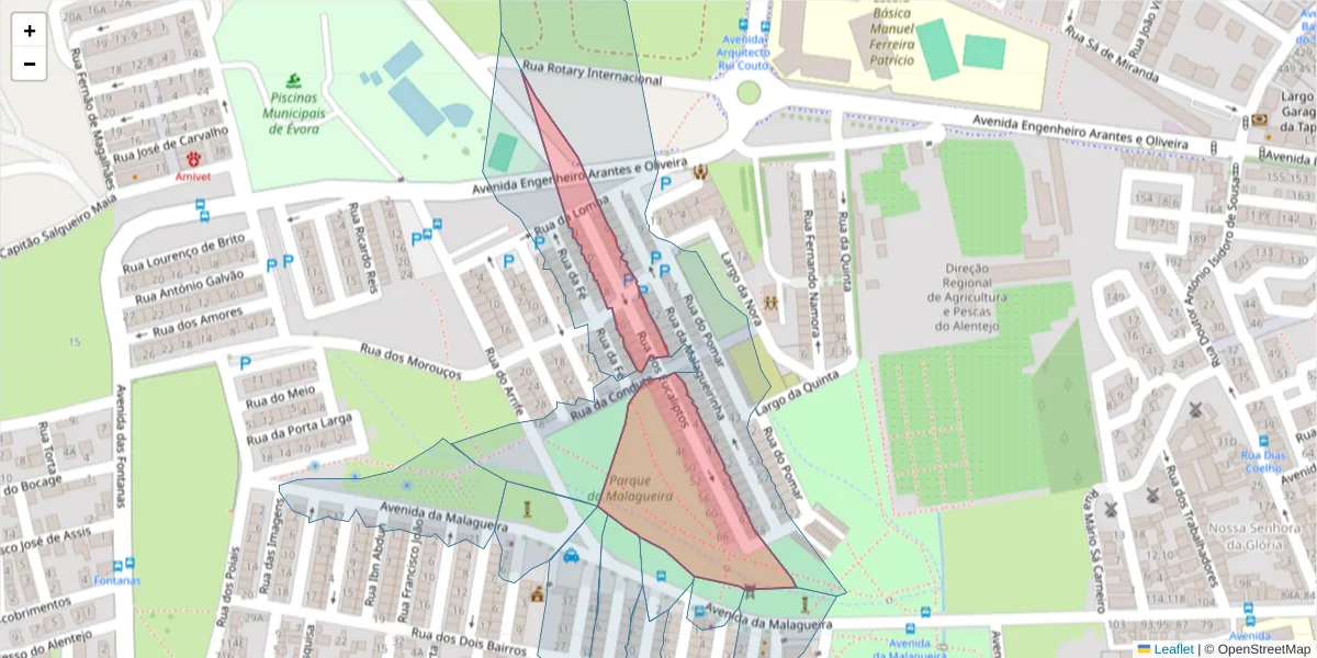 Mapa detalhado do código postal 7000-399 com limites, códigos postais vizinhos e agências dos correios