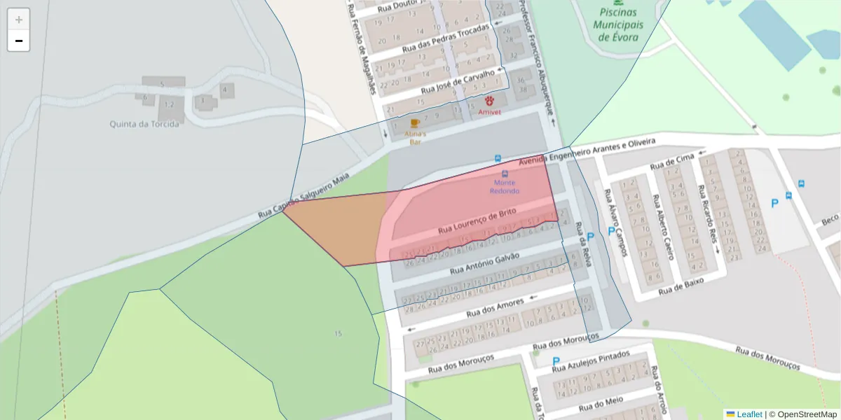 Mapa detalhado do código postal 7000-402 com limites, códigos postais vizinhos e agências dos correios