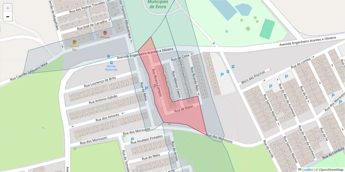 Mapa detalhado do código postal 7000-408 com limites, códigos postais vizinhos e agências dos correios