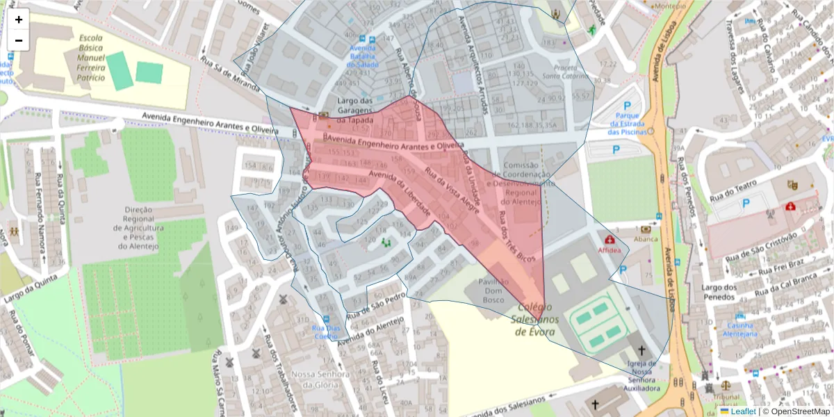 Mapa detalhado do código postal 7000-412 com limites, códigos postais vizinhos e agências dos correios
