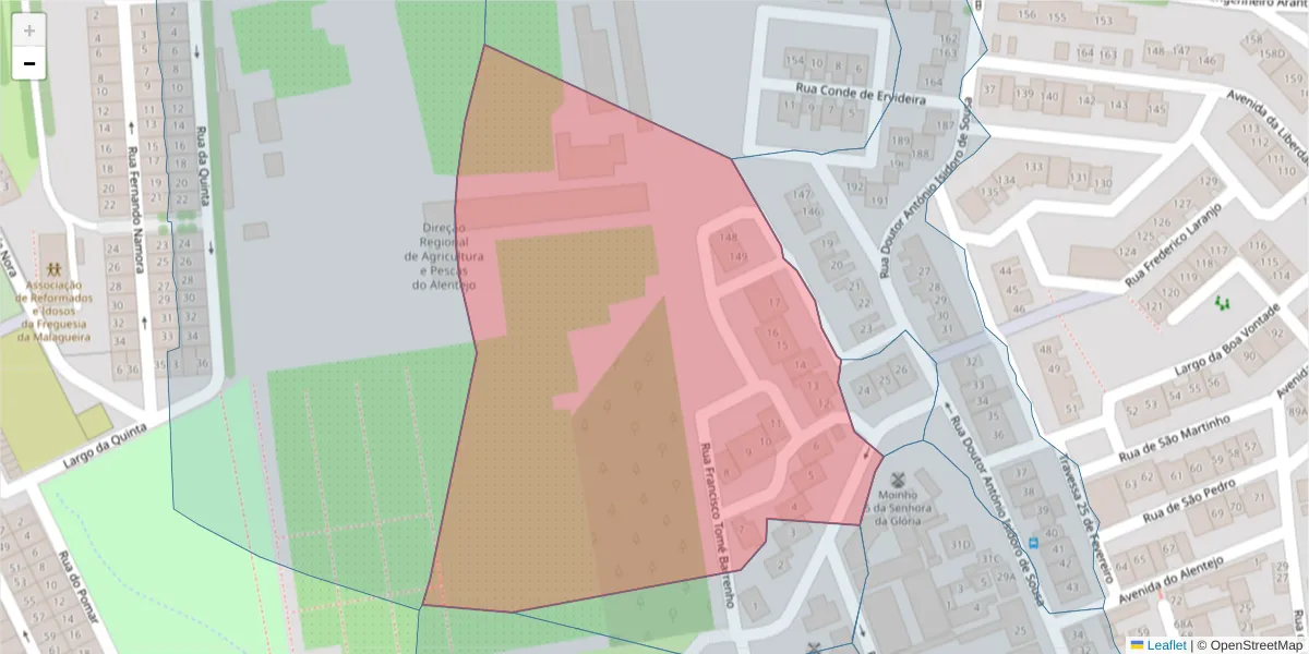 Mapa detalhado do código postal 7000-454 com limites, códigos postais vizinhos e agências dos correios