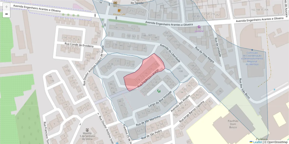 Mapa detalhado do código postal 7000-455 com limites, códigos postais vizinhos e agências dos correios