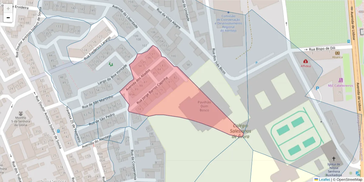 Mapa detalhado do código postal 7000-457 com limites, códigos postais vizinhos e agências dos correios