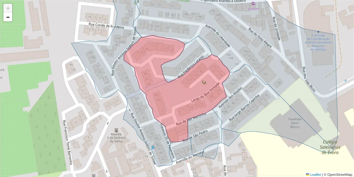Mapa detalhado do código postal 7000-459 com limites, códigos postais vizinhos e agências dos correios