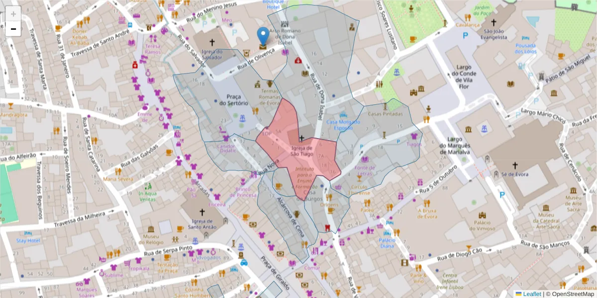 Mapa detalhado do código postal 7000-501 com limites, códigos postais vizinhos e agências dos correios