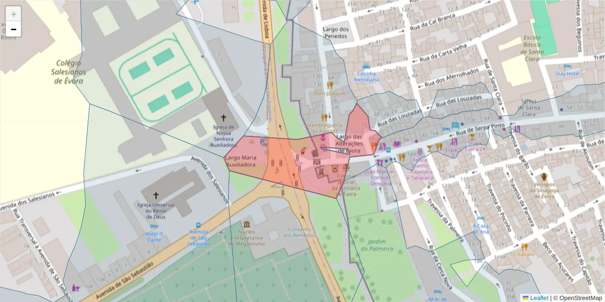 Mapa detalhado do código postal 7000-502 com limites, códigos postais vizinhos e agências dos correios