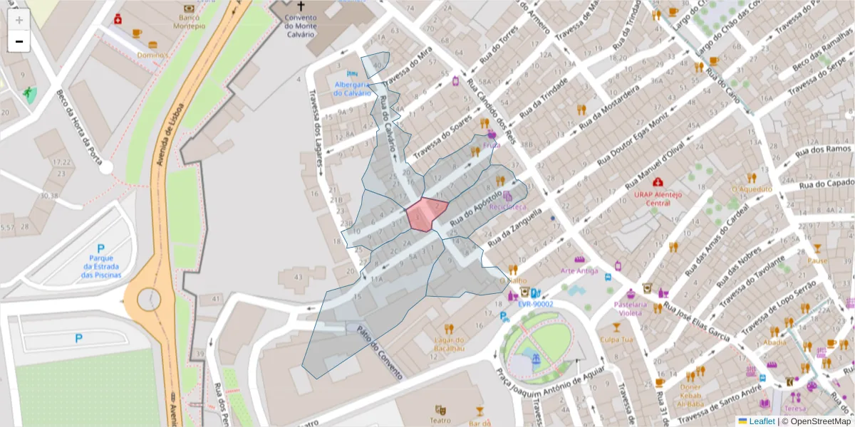 Mapa detalhado do código postal 7000-503 com limites, códigos postais vizinhos e agências dos correios
