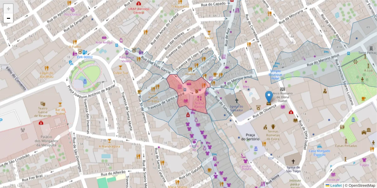 Mapa detalhado do código postal 7000-507 com limites, códigos postais vizinhos e agências dos correios