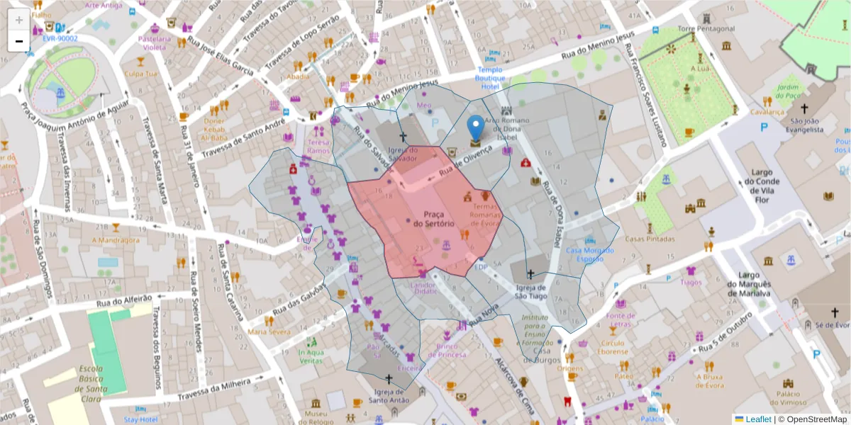 Mapa detalhado do código postal 7000-509 com limites, códigos postais vizinhos e agências dos correios