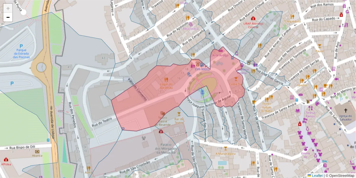 Mapa detalhado do código postal 7000-510 com limites, códigos postais vizinhos e agências dos correios